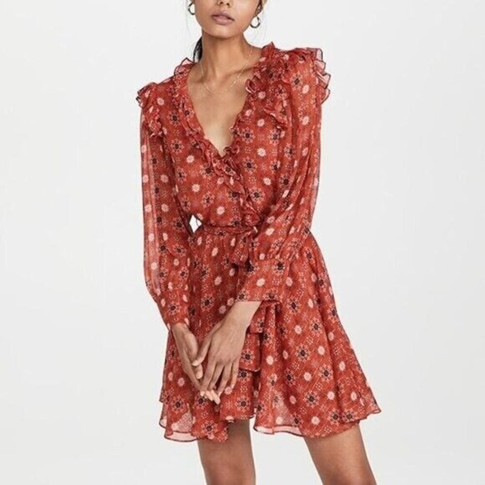 MISA Veruka maravi dots faux wrap Chiffon Long Sleeve Ruffled Mini Dress V Neck